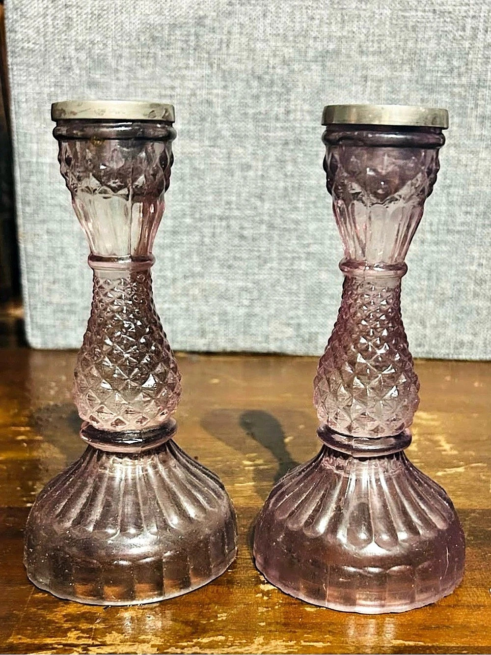 Lavender Glass Candlestick Holders Set of 2
